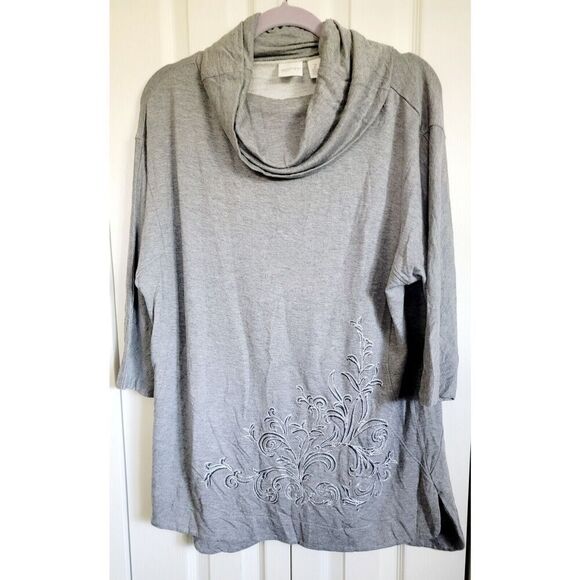 Chico's Zenergy 2 Gray Funnel Neck‎ Top Size L Half Slv Embroidered Side Slits - Picture 1 of 7